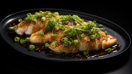 Steamed fish fillet with ginger soy sauce sliced scallion onions on a black plate created with Generative AI technology