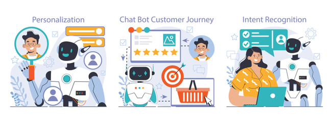 Chat bot set. AI-powered customer service. Online consultation with artificial neural network. Artificial intelligence virtual assistant. Flat vector illustration