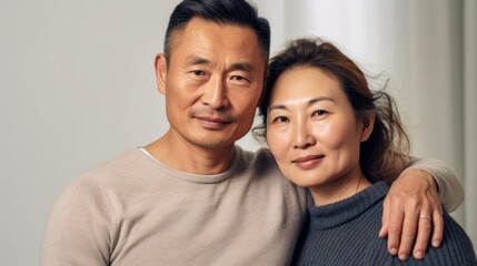 Obraz premium A cozy scene unfolds as a middle-aged Asian couple shares an affectionate embrace in their living space.