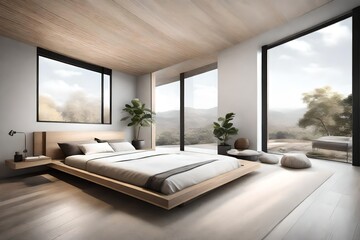 Fototapeta premium A minimalist bedroom featuring a sleek platform bed, clean lines, and neutral colors that create a serene atmosphere.