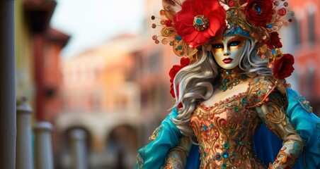 Illustration of a woman in Venetian costume wearing a carnival mask with flowers in Venice during the Mardi Gras masquerade celebration