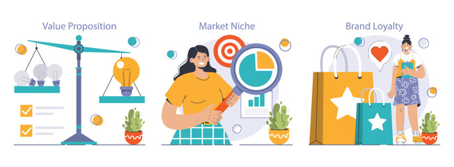 Competitive advantage set. Advertising and marketing business strategy. Brand recognition and market niche definition. Flat vector illustration - obrazy, fototapety, plakaty