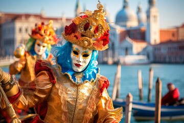 Venice during the Mardi Gras carnival. People pose on the gondola in carnival Venetian masks and golden ancient costumes. Masquerade