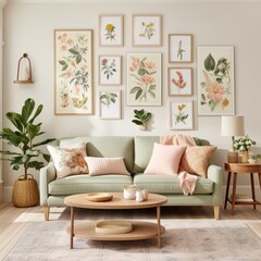 A vintage-inspired living room with a floral sofa, a patterned rug,