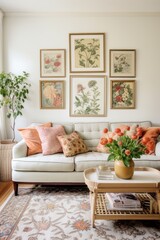 A vintage-inspired living room with a floral sofa, a patterned rug,
