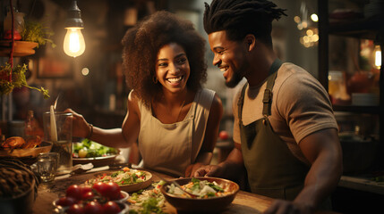 Joyful Cooking Together: Black Couple Preparing Dinner in Warm, Cozy Kitchen