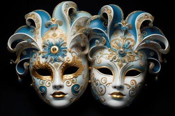Two beautiful carnival Venetian masks in blue, white, gold tones on a black background. Mardi Gras background, Venice, Italy.
