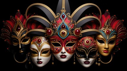 Background of chic Venetian carnival masks in red and gold colors, worn at the Mardi Gras festival...