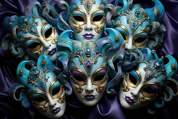 Venetian carnival masks in navy and aquamarine colors combine fashion and culture of the Mardi Gras festival in Venice, Europe on a dark background.