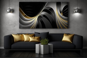 Interior of modern living room with black sofa