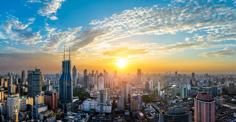 Aerial view of Shanghai skyline and modern buildings scenery at sunset in Shanghai, China....