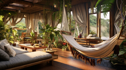 Interior of a cozy eco-house with green plants and hammocks. The concept of rest and relaxation on vacation or remote work