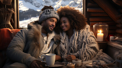 Cozy Winter Day: Black Couple Enjoying Time Together in Log Cabin