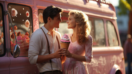 Obraz na płótnie Canvas Sweet Romance: Couple Enjoying Love by the Ice Cream Truck
