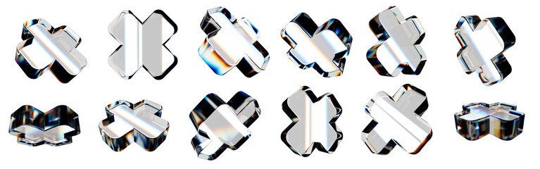 Set of 3d transparent glossy crosses with dispersion effect. Rainbow colors reflection glass. 3d glass cross box with crystal dispersion effect. Abstract empty glassy square with prism holographic