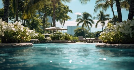 Fototapeta premium a white pool in the hotel view pool side landscape,