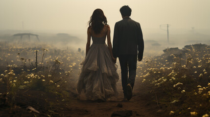 Couple walking hand in hand through a misty meadow