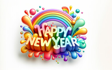 Happy New Year sign rainbow colors low relief 3D style
