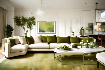 A vibrant olive green rug beneath a contemporary cream sectional sofa.