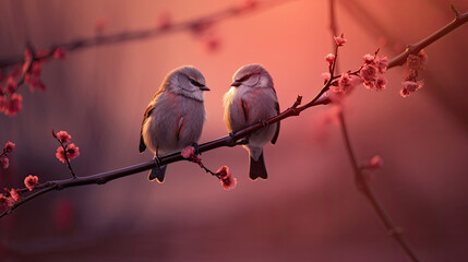two pairs of pink birds standing on a branch as a symbol of love on Valentine's Day created with Generative AI Technology