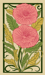 Floral poppy plant in art nouveau 1920-1930. Hand drawn with weaves of lines, leaves and flowers.