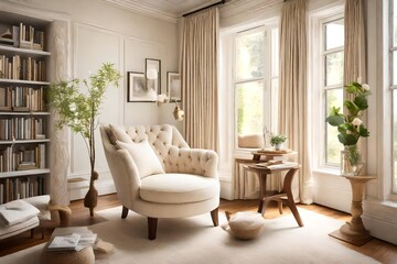 Obraz na płótnie Canvas A tranquil cream-colored reading nook featuring a plush armchair bathed in natural light, providing a peaceful haven within a tastefully decorated living space.