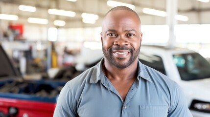 Obraz premium A cheerful adult man in automotive attire strikes a pose at the repair shop.