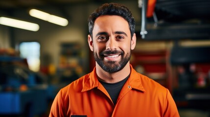 Obraz premium Joyful car specialist looks directly at the camera with a beaming smile.