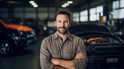 Obraz premium A cheerful adult male in work attire poses happily at the auto repair shop.