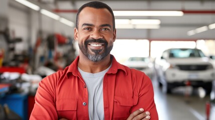 Auto specialist beams with happiness while posing at the repair shop.