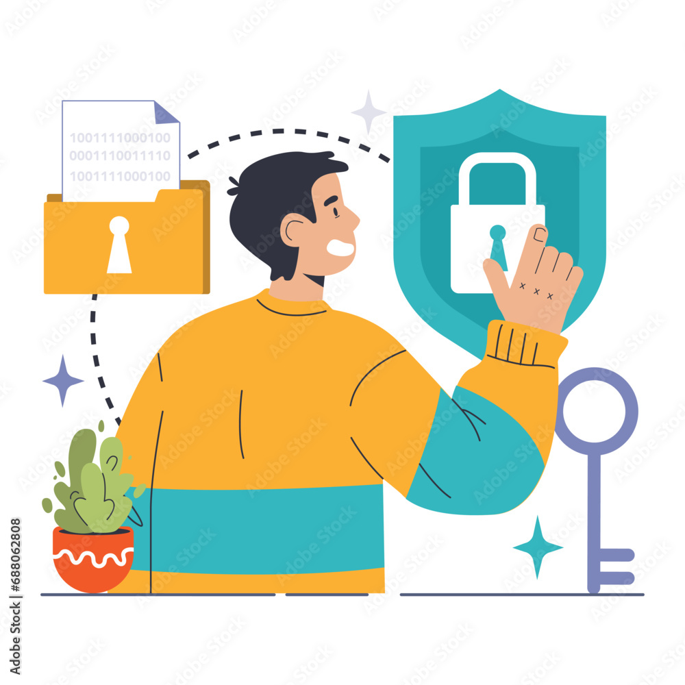 Poster data encryption. personal information, internet access or database protection. cyber security and pr