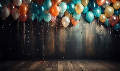 a wooden background in which colored confetti is tied to colorful balloons, - obrazy, fototapety, plakaty