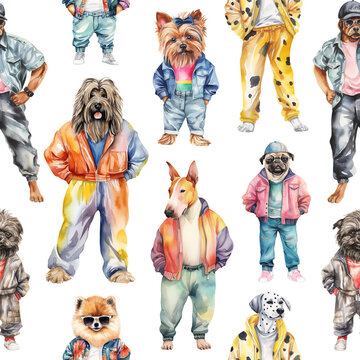 Dogs in stylish clothes seamless pattern created with Generative AI technology