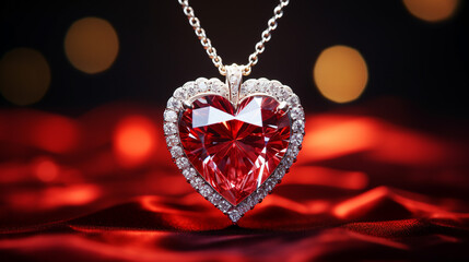 Сhain with diamond heart-shaped pendant.  - obrazy, fototapety, plakaty