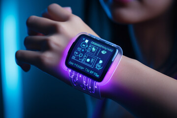 Person using biohacking devices for health optimization, Home environment with advanced health monitoring gadgets, Showcase wearable health tech and data visualization, modern