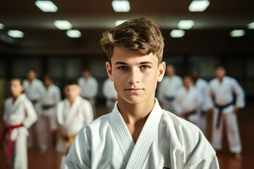 Fototapeta premium Young Karate Student Practices in Traditional Dojo