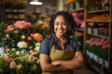 Florist in Apron Poses Confidently Amidst Colorful Flower Display - Powered by Adobe