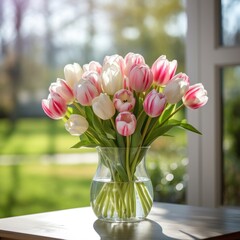 An arrangement of pink and white tulips in a glass vase on a wooden table