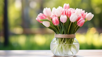 Obraz premium An arrangement of pink and white tulips in a glass vase on a wooden table