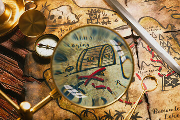 Fototapeta na wymiar Antique Pirate Treasure Map, Compass Lens - Secrets of Old