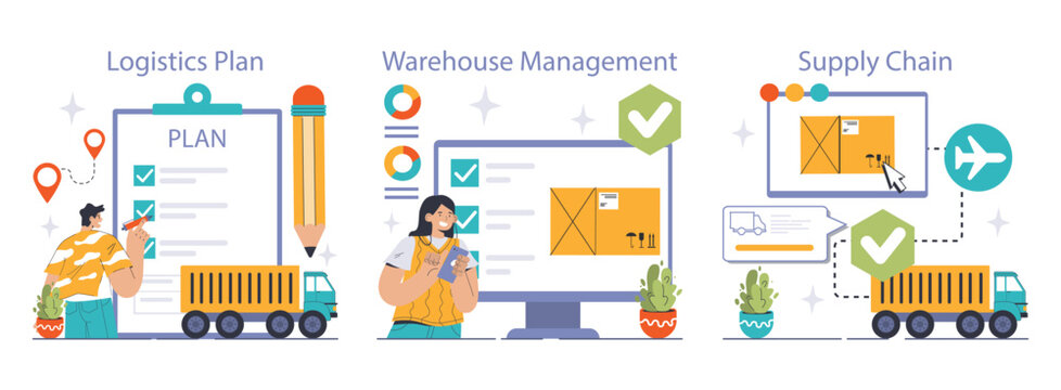Logistics and Supply Chain Management set. Efficient planning, warehouse organization, and seamless supply chain operations. Integrated logistics network. Flat vector illustration