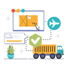 Global Supply Chain concept. Efficient logistics workflow with cargo tracking, air and ground transportation coordination. Seamless distribution system. Flat vector illustration