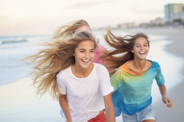 Fototapeta na wymiar Energetic Youth: A Group of Girls Embracing Carefree Joy, Running Along the Beach, Splashing in Waves, and Sharing Laughter on a Vibrant Summer Day