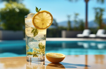 an icy lemon drink with ice on a ledge near a swimming pool, i