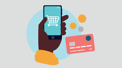 Eine Hand hält ein Smartphone. Auf dem Display ist ein Einkaufswagen zu sehen. Daneben liegen eine Kreditkarte und Münzen.