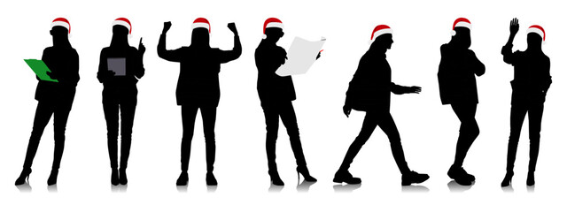 Set of female construction workers wearing Christmas hats and vests. Warehouse workers in different poses and color options with Santa hats. Vector illustration isolated on white