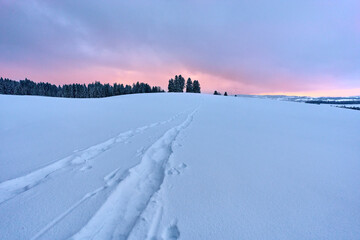 winter landscape with fresh fallen powder snow in the Bregenzer Wald Mountains in Vorarlberg, Austria