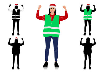 Set of female construction workers wearing Christmas hats and vests. Warehouse workers in different poses and color options with Santa hats. Vector illustration isolated on white