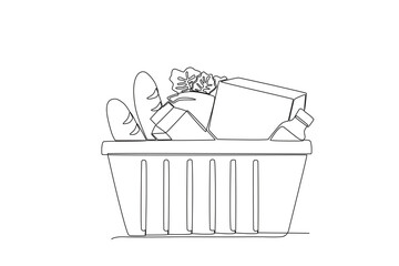 Single continuous line drawing of shopping basket and its contents. Daily food concept. Modern one line draw design vector illustration for shop or food delivery service
