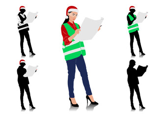 Set of female construction workers wearing Christmas hats and vests. Warehouse workers in different poses and color options with Santa hats. Vector illustration isolated on white